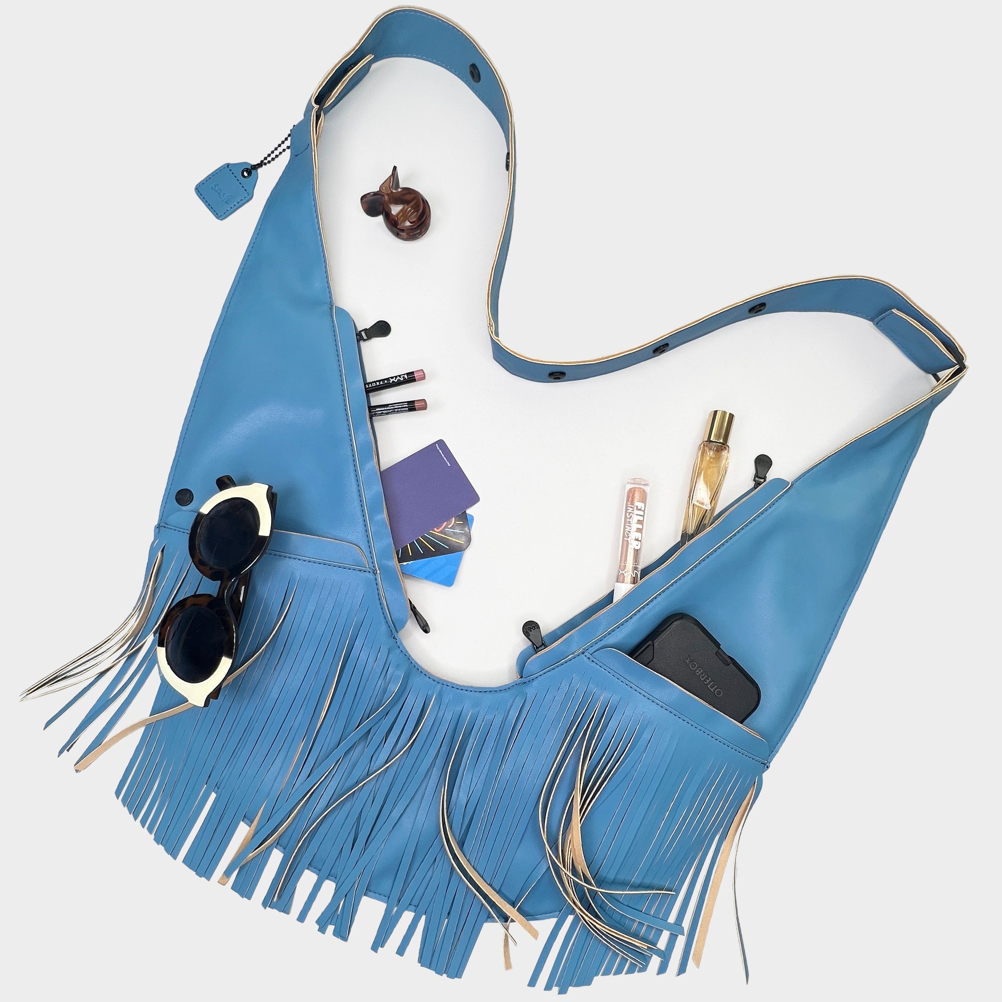 Ceramic Blue Faux Leather Fringe Sash Bag